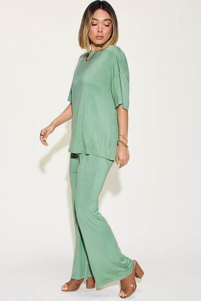 Basic Bae Full Size Bamboo Drop Shoulder T-Shirt and Flare Pants Set - Hovatok