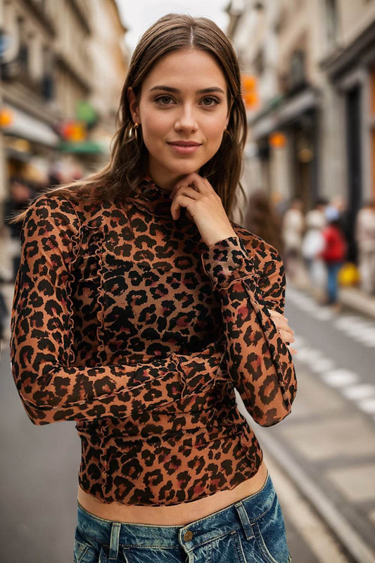 Oh Full Size Frill Printed Mock Neck Long Sleeve Top - Hovatok