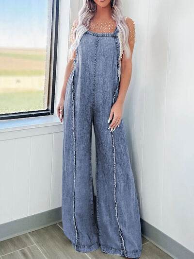 Exposed Seam Washed Wide Leg Denim Overalls - Hovatok