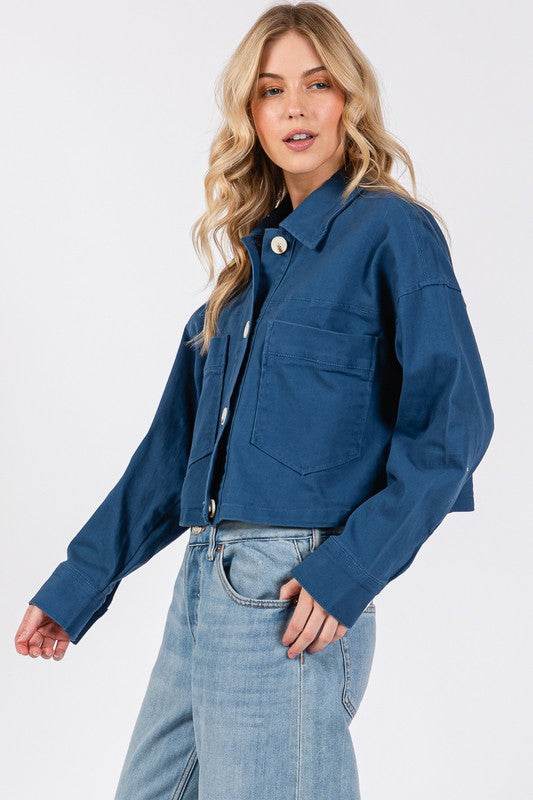 bytos Button Down Cropped Denim Jacket with Patch Pockets - Hovatok