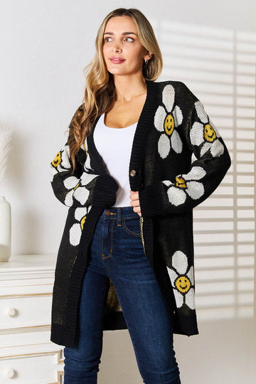 Perfee Floral Button Down Longline Cardigan - Hovatok
