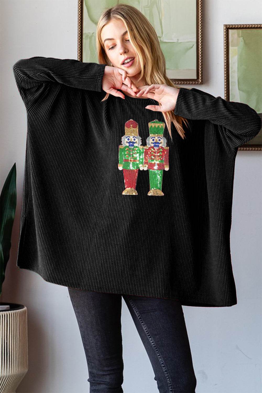 Heimish Sequin Nutcracker Long Sleeve Ribbed Top - Hovatok
