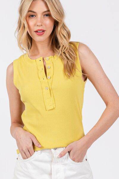Ces Femme Stitch Detail Half Button Ribbed Tank - Hovatok