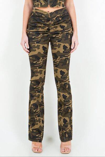 American Bazi V-Cut Ruched Camo Flare Pants - Hovatok
