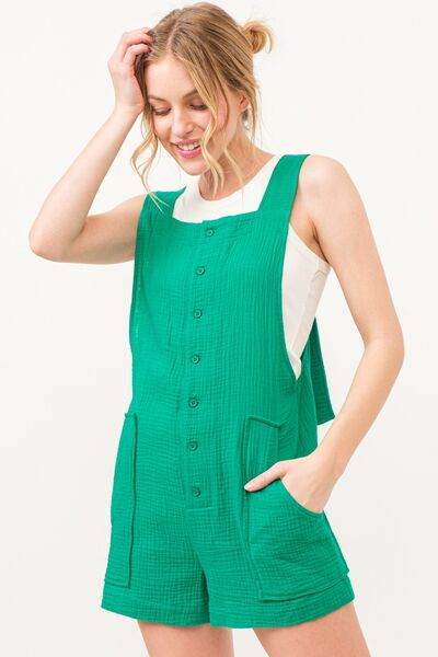 And The Why Button Up Tie Back Sleeveless Romper - Hovatok