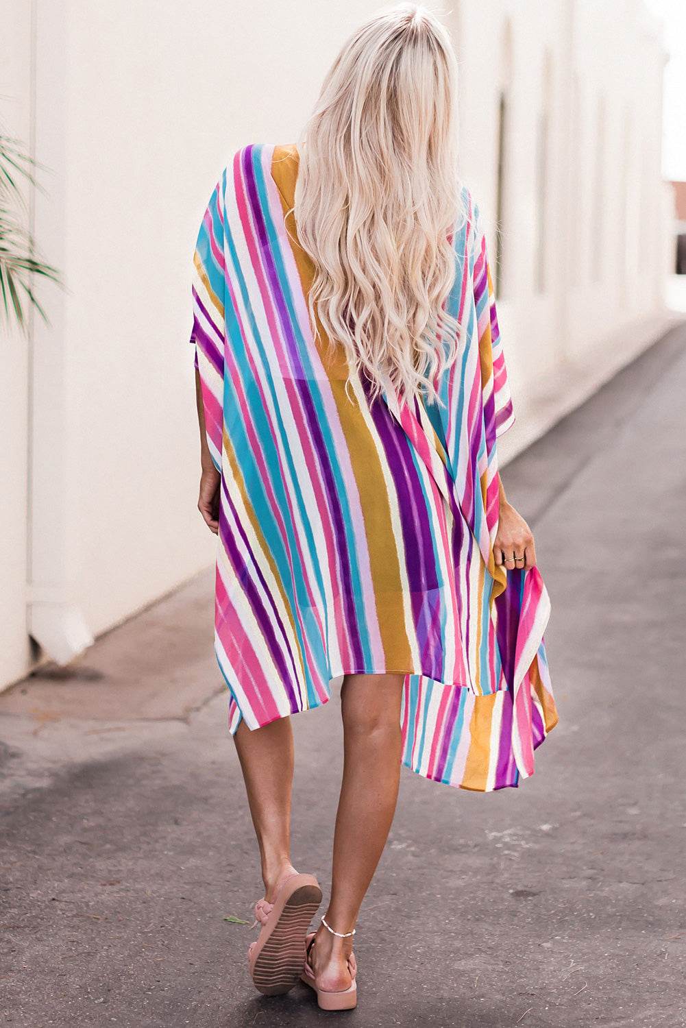 Striped Side Slit Open Front Cardigan - Hovatok
