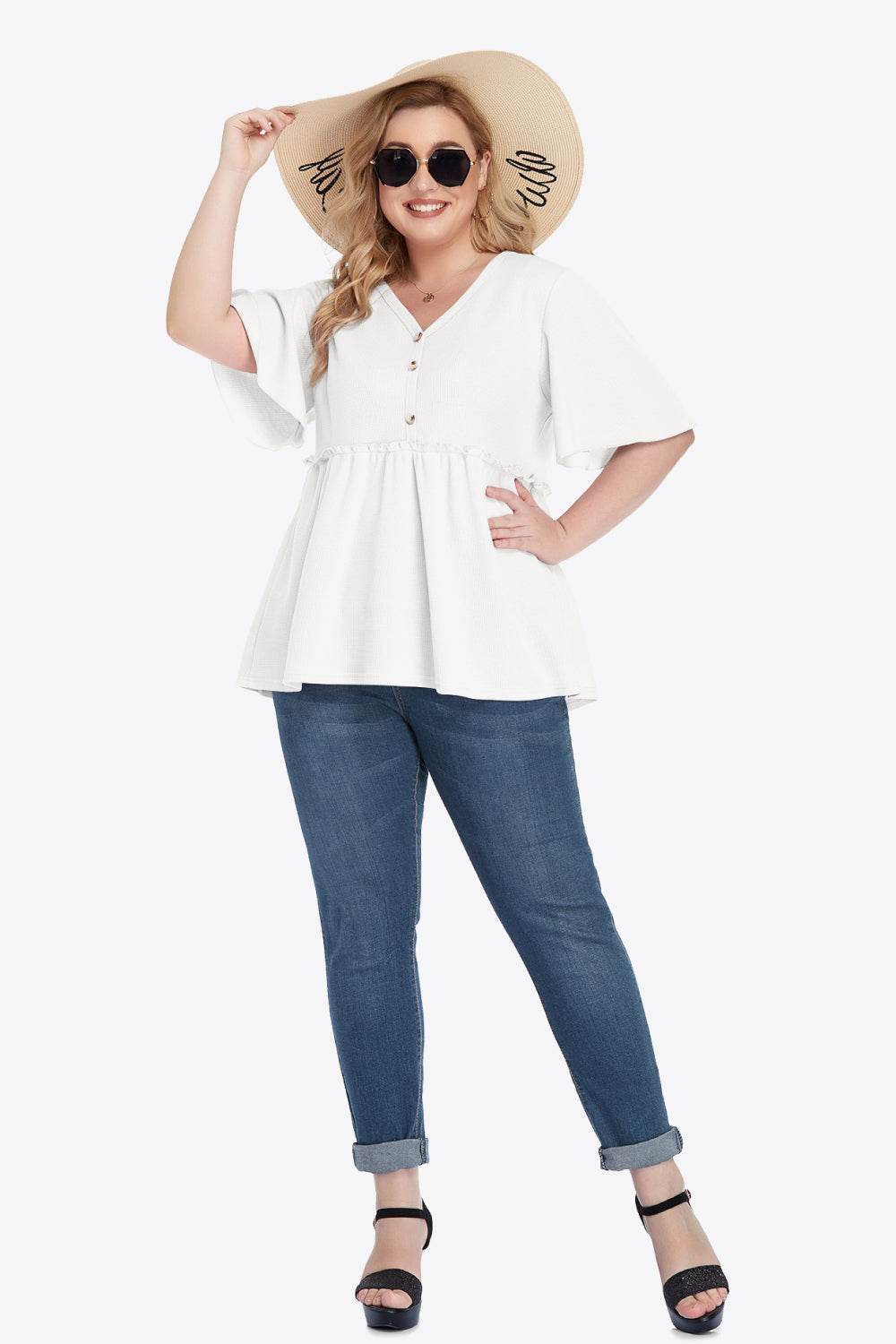 Plus Size Buttoned V-Neck Frill Trim Babydoll Blouse - Hovatok