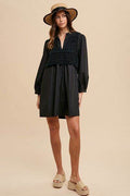 Annie Wear Crochet Vest Notched Long Sleeve Shirt Dress - Hovatok