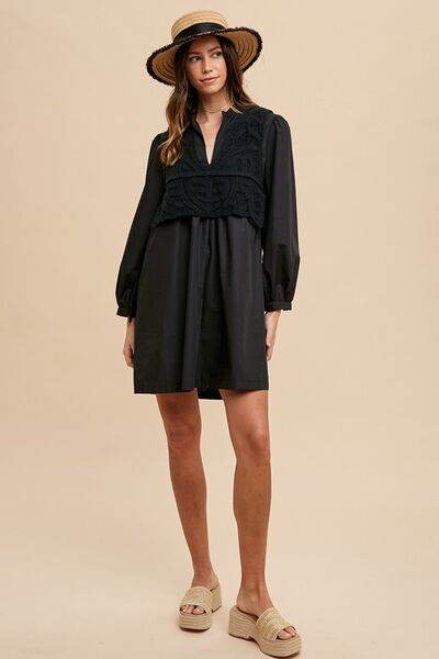 Annie Wear Crochet Vest Notched Long Sleeve Shirt Dress - Hovatok