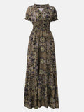 Full Size Smocked Printed V-Neck Short Sleeve Dress - Hovatok