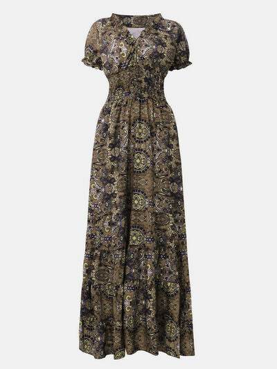 Full Size Smocked Printed V-Neck Short Sleeve Dress - Hovatok