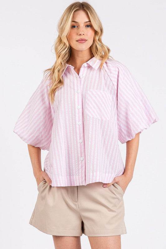 Mittoshop Button Down Striped Puff Sleeve Shirt - Hovatok