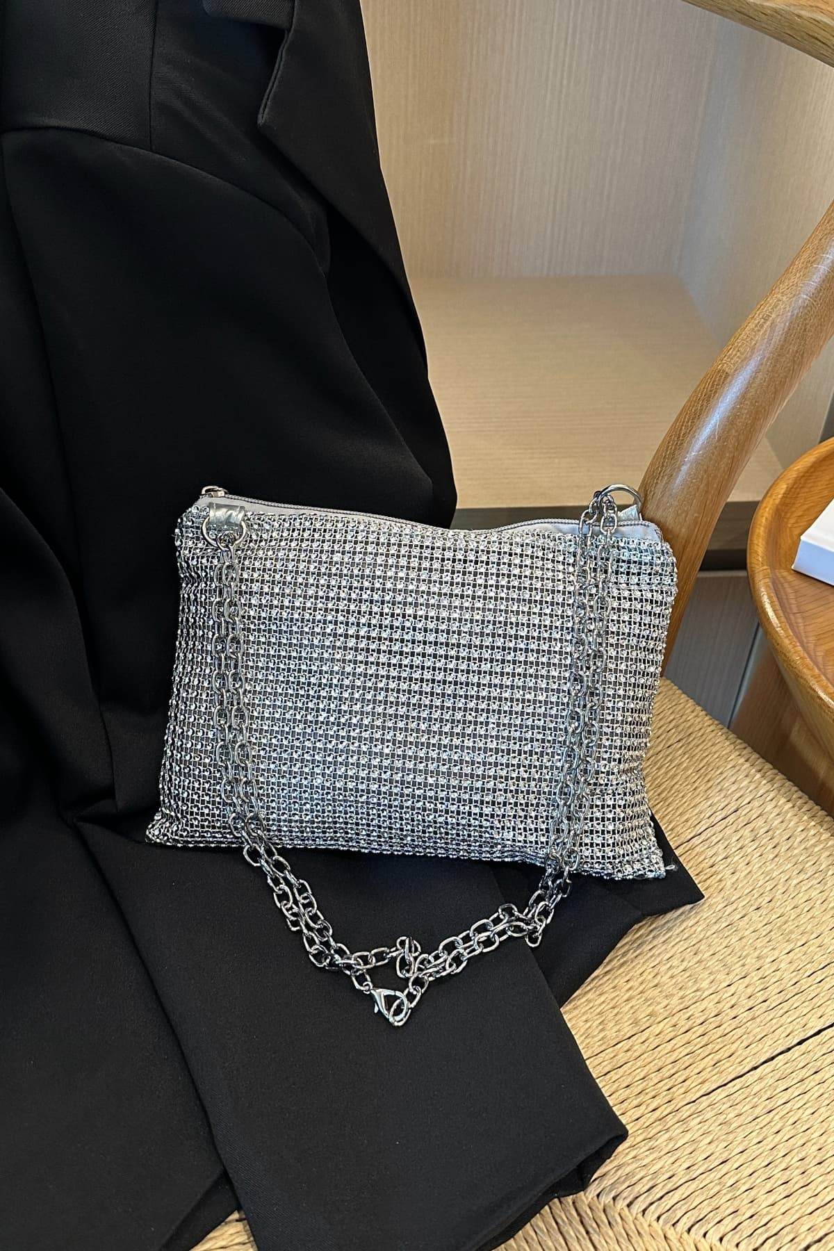 Rhinestone Polyester Chain Crossbody Bag - Hovatok