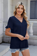 Ruffled V-Neck Short Sleeve Blouse - Hovatok