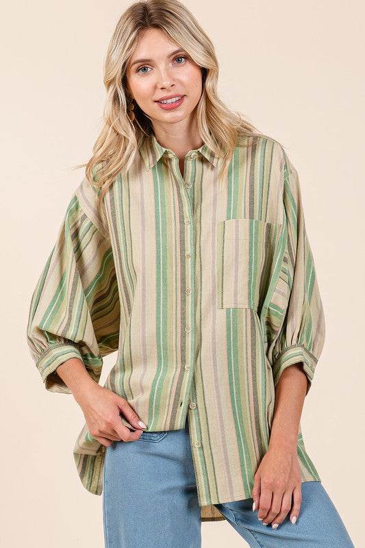 Mittoshop Striped Bubble Sleeve Button Down Shirt - Hovatok