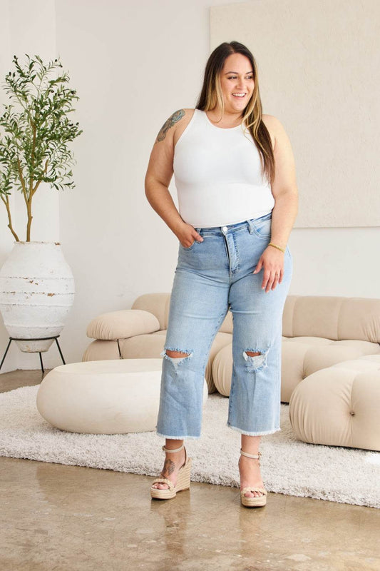 RFM Full Size Tummy Control High Waist Raw Hem Distressed Jeans - Hovatok