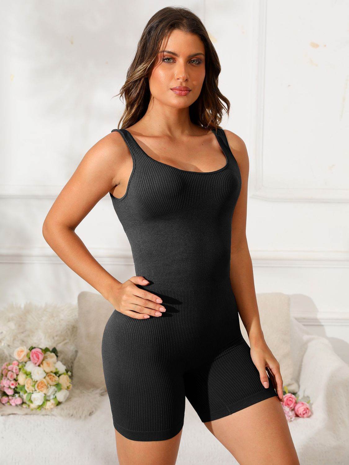 Scoop Neck Wide Strap Active Romper - Hovatok