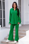 Drawstring Flounce Sleeve Shirt and Pants Set - Hovatok