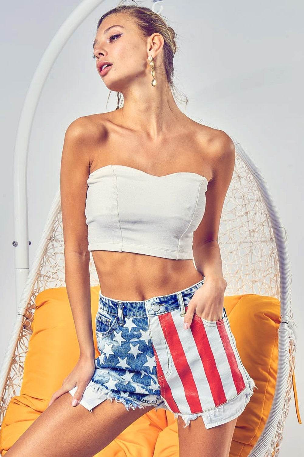 BiBi US Flag Theme Bleached Denim Shorts - Hovatok