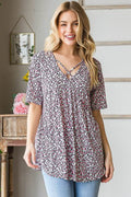 Heimish Full Size Short Sleeve Crisscross Animal Babydoll Top Plus Size - Hovatok