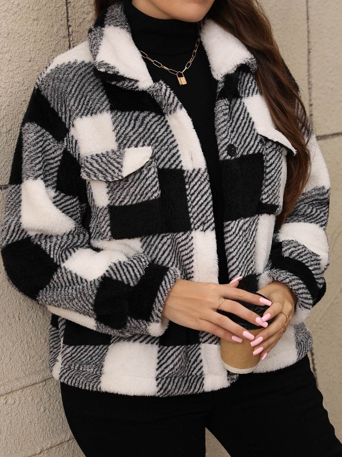 Plus Size Pocketed Plaid Collared Neck Jacket - Hovatok
