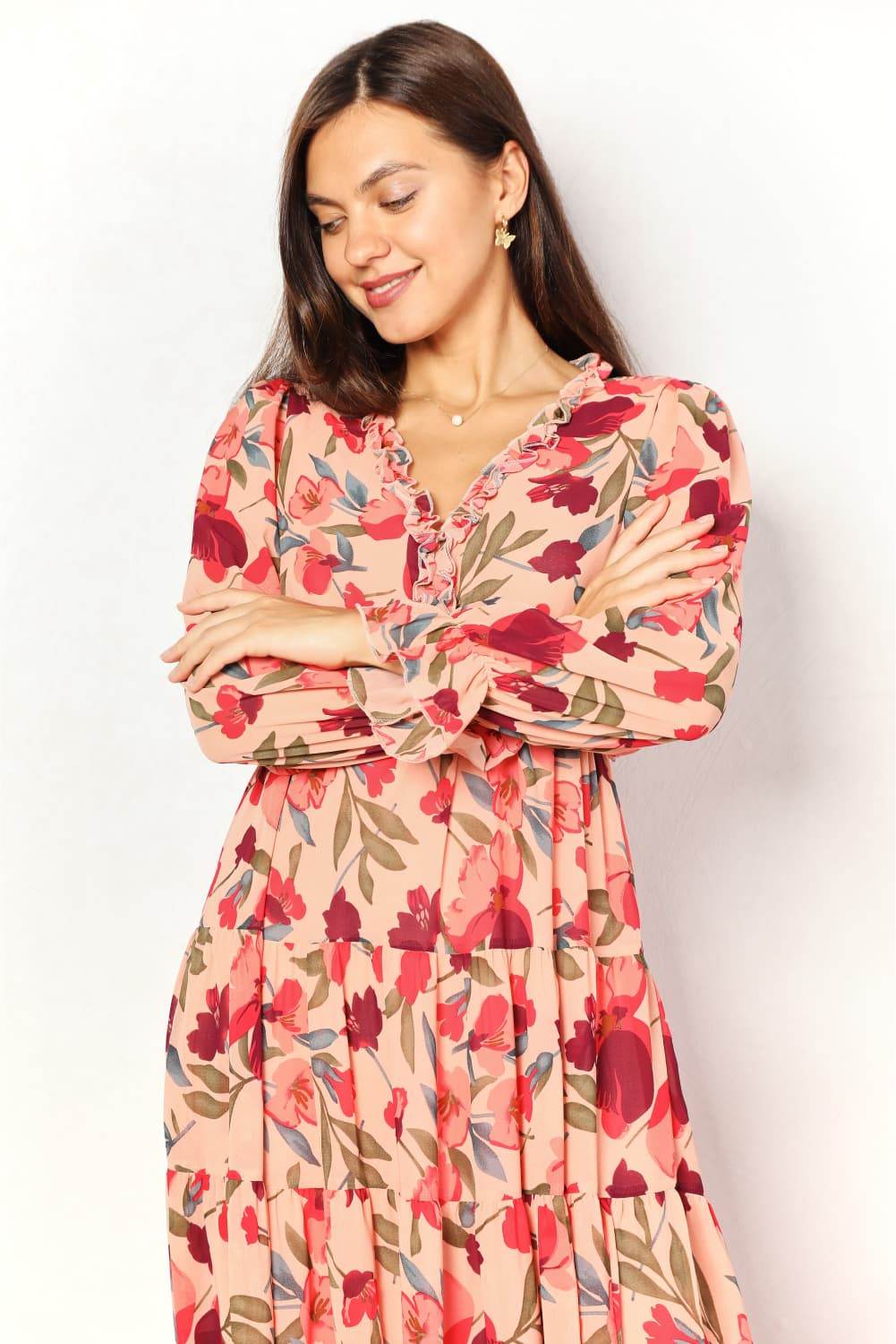 Double Take Floral Frill Trim Flounce Sleeve Plunge Maxi Dress - Hovatok