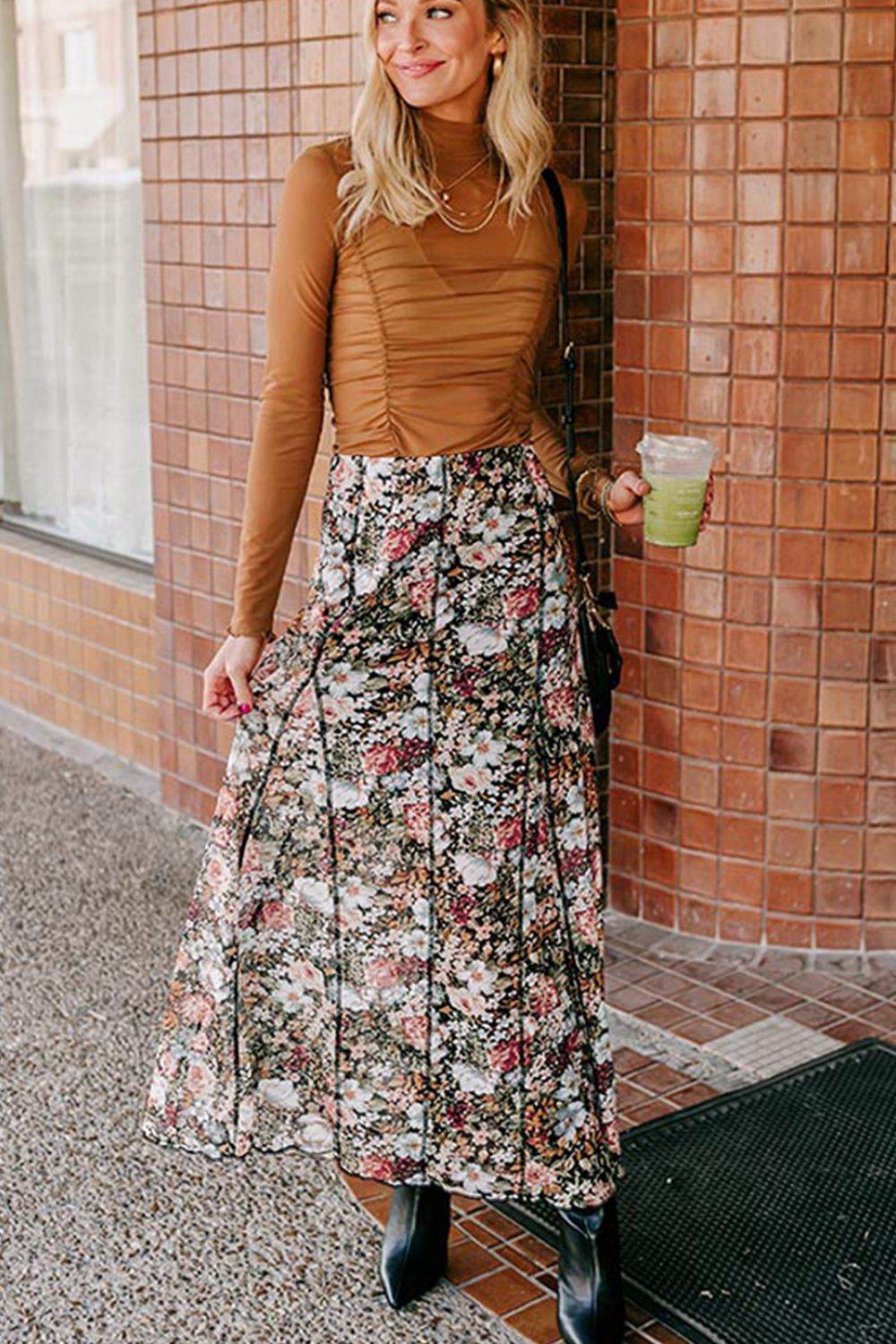 Floral Elastic Waist Maxi Skirt - Hovatok