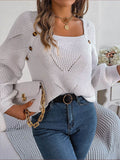 Openwork Buttoned Square Neck Sweater - Hovatok