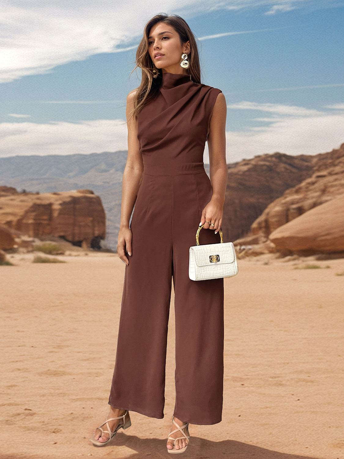 Perfee Ruched Mock Neck Sleeveless Jumpsuit - Hovatok