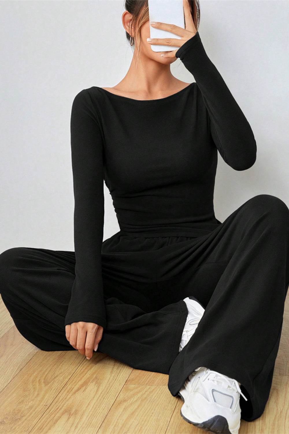 Boat Neck Long Sleeve Top and Pants Set - Hovatok
