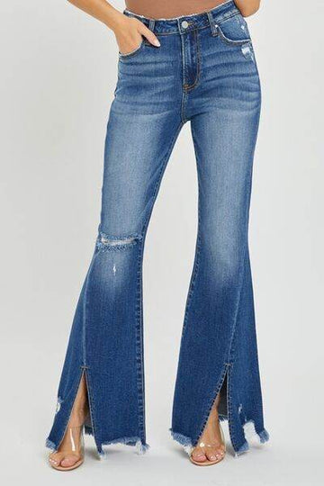 RISEN Full Size High Rise Front Slit Frayed Hem Flare Jeans - Hovatok