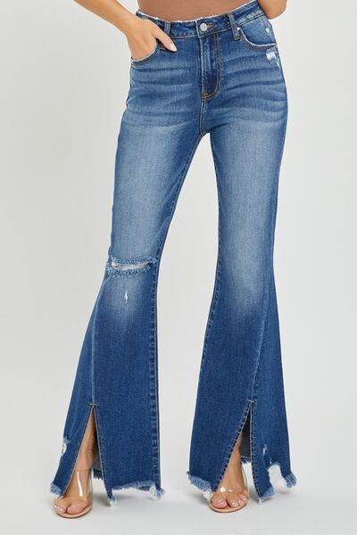 RISEN Full Size High Rise Front Slit Frayed Hem Flare Jeans - Hovatok