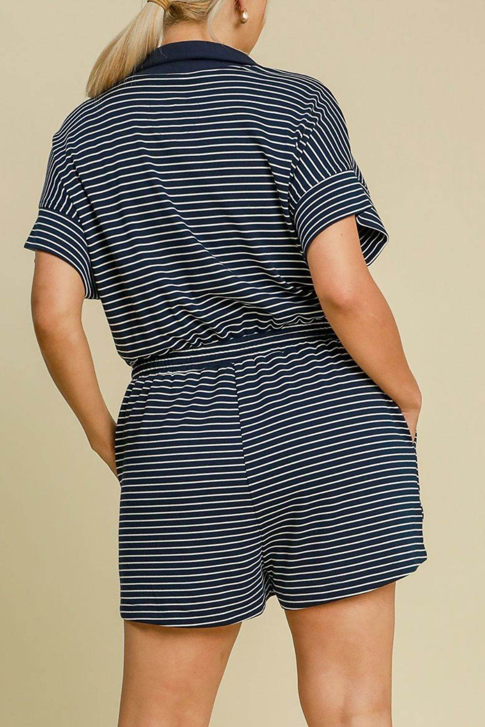 Umgee Full Size Half Zip Striped Romper Plus Size - Hovatok