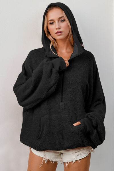 Double Take Full Size Half Zip Long Sleeve Hoodie with Kangaroo Pocket - Hovatok