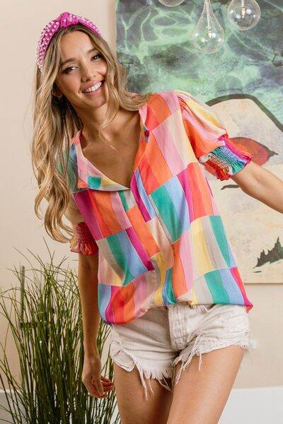 BiBi Color Block Smocked Short Sleeve Blouse - Hovatok