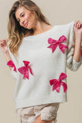BiBi Sequin Bow Puff Sleeve Sweater - Hovatok