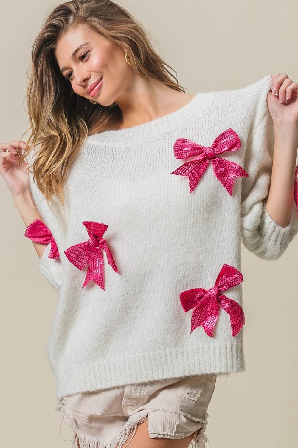 BiBi Sequin Bow Puff Sleeve Sweater - Hovatok