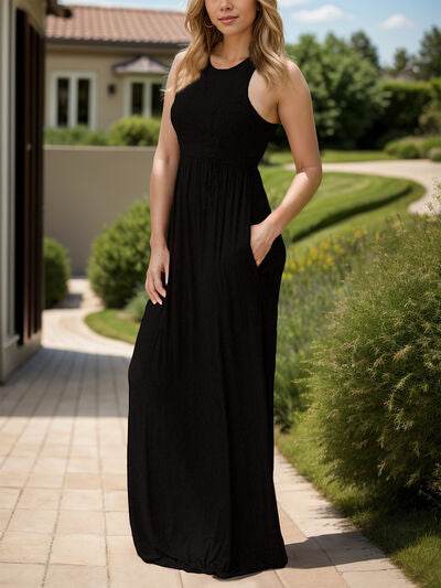 Pocketed Round Neck Sleeveless Dress - Hovatok