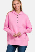 Zenana Half Snap Long Sleeve Hoodie with Kangaroo Pocket - Hovatok