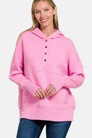 Zenana Half Snap Long Sleeve Hoodie with Kangaroo Pocket - Hovatok