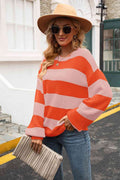 Angel Wings Striped Balloon Sleeve Knit Pullover - Hovatok