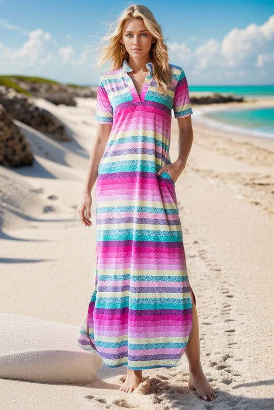 Heimish Full Size Striped Short Sleeve Maxi Tee Dress Plus Size - Hovatok