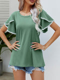 Pom-Pom Trim Flutter Sleeve Round Neck T-Shirt - Hovatok