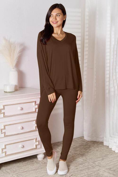 Basic Bae Full Size V-Neck Soft Rayon Long Sleeve Top and Pants Lounge Set - Hovatok