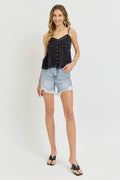 RISEN High Rise Side Step Hem Denim Shorts - Hovatok