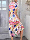 Devine Printed Johnny Collar Button Down Short Sleeve Midi Shirt Dress - Hovatok