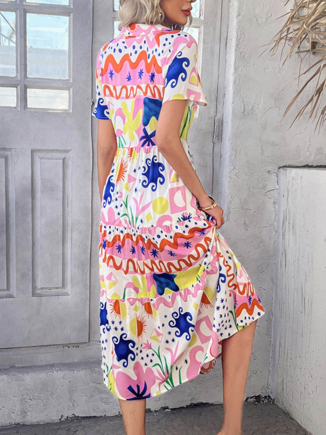 Devine Printed Johnny Collar Button Down Short Sleeve Midi Shirt Dress - Hovatok