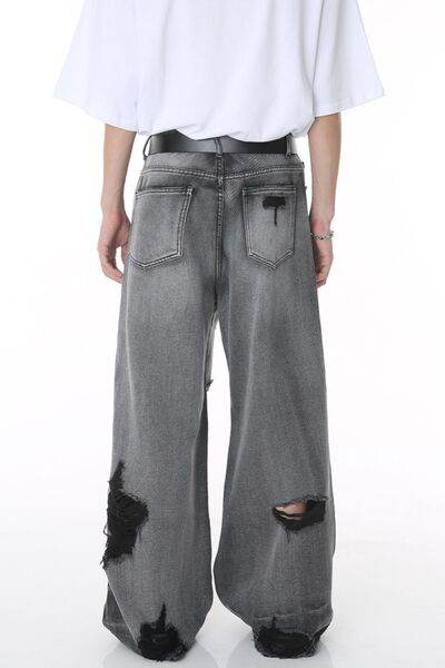 Distressed Wide Leg Jeans with Pockets - Hovatok