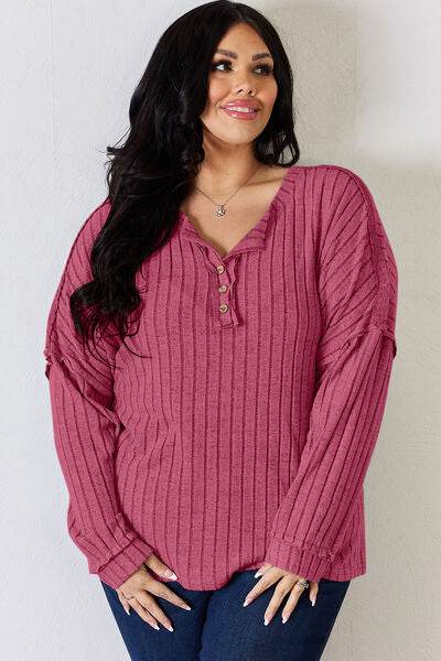Basic Bae Full Size Ribbed Half Button Long Sleeve T-Shirt - Hovatok