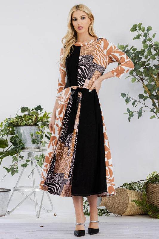 Celeste Full Size Multi Pattern Front Tie Midi Dress Plus Size - Hovatok